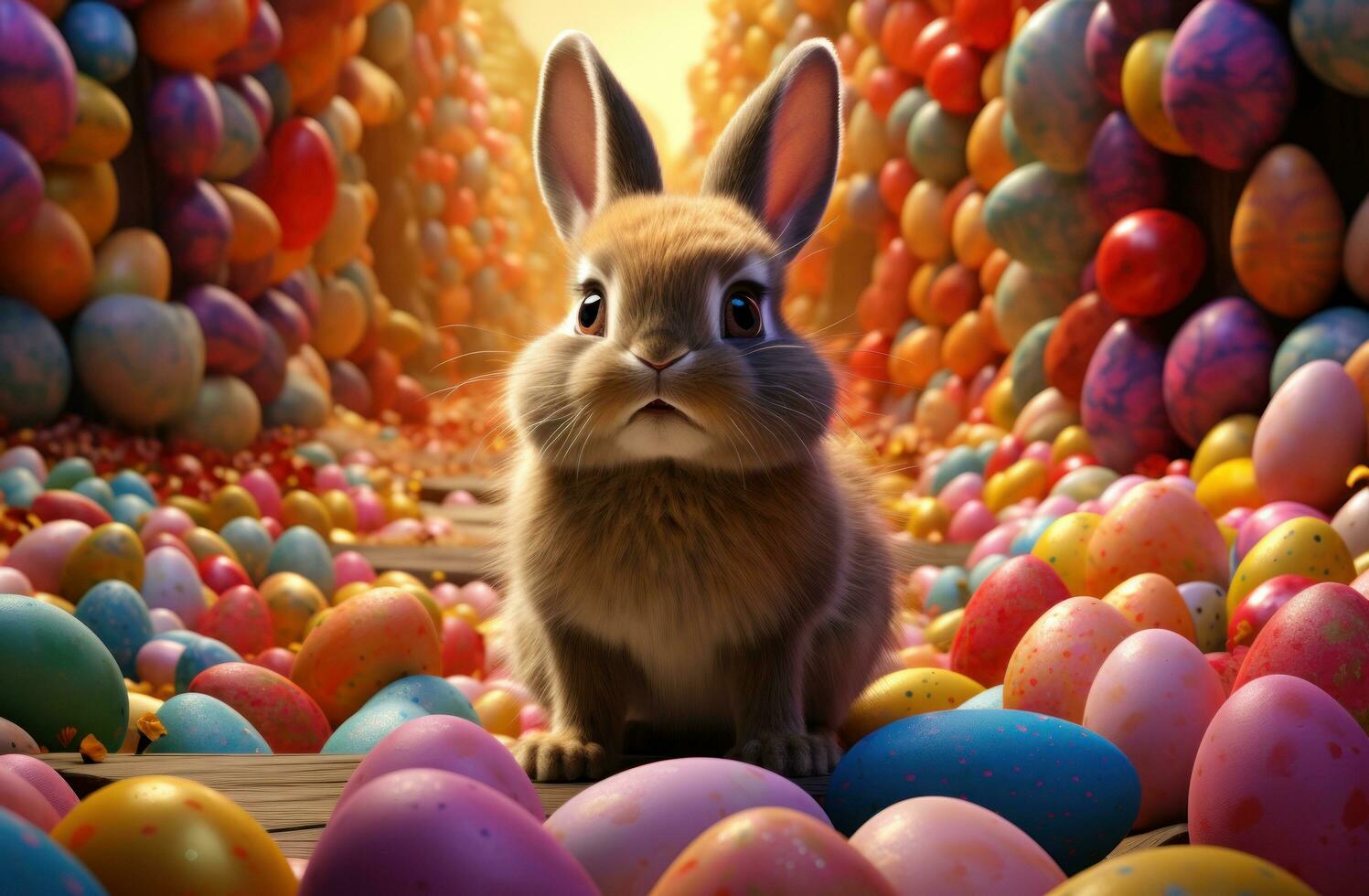 AI generated the little bunny is sitting among many coloured eggs, photo