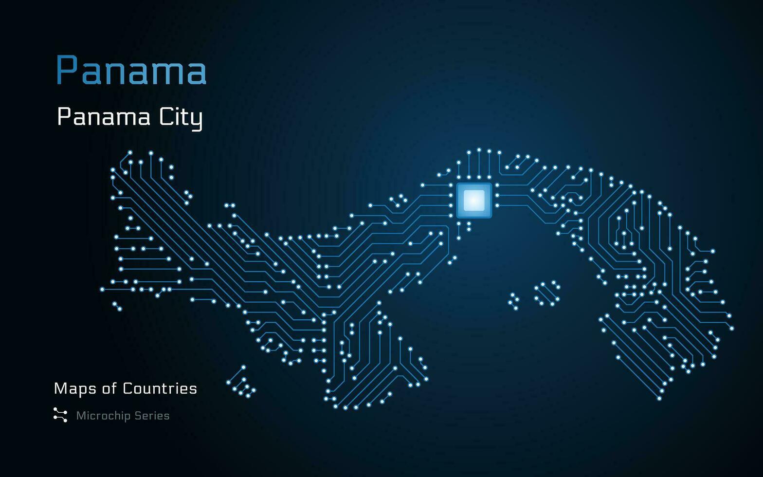 Panama Map with a capital of Panama City Shown in a Microchip Pattern with processor. E-government. World Countries vector maps. Microchip Series