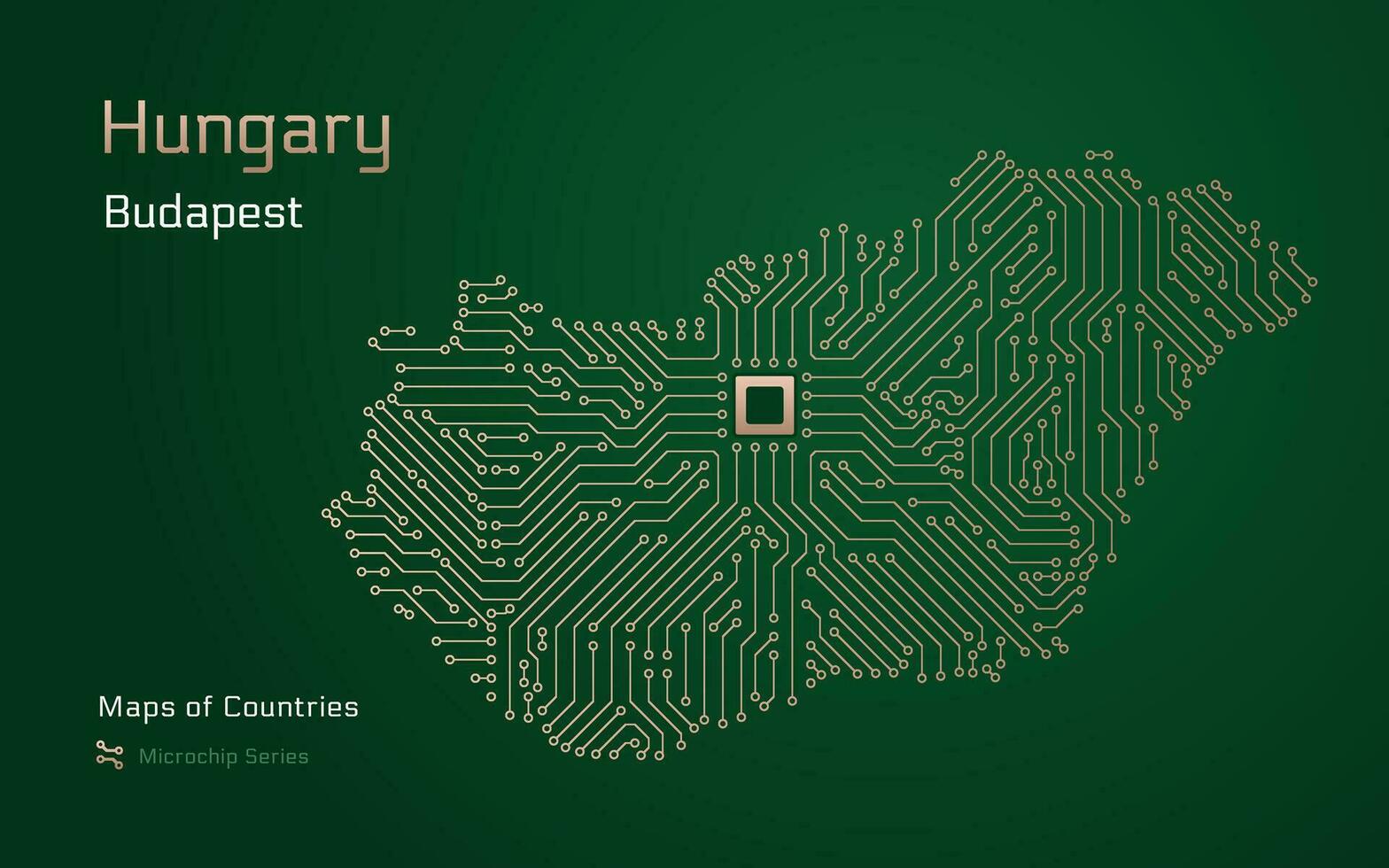Hungary Map with a capital of Budapest Shown in a Microchip Pattern with processor. E-government. World Countries vector maps. Microchip Series