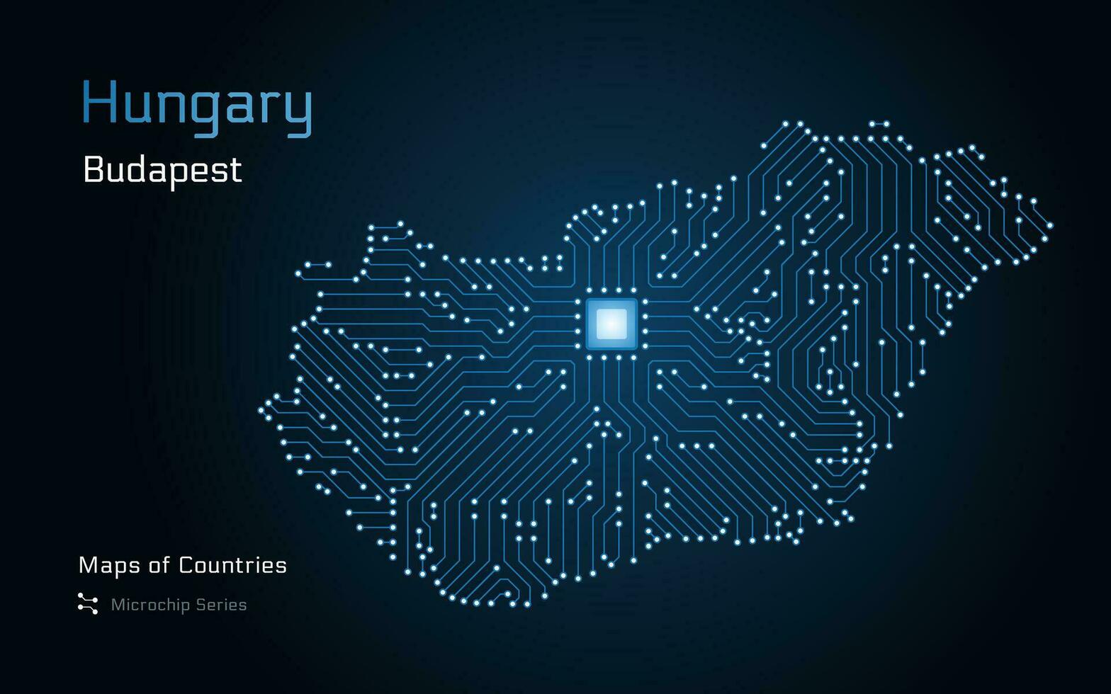 Hungary Map with a capital of Budapest Shown in a Microchip Pattern with processor. E-government. World Countries vector maps. Microchip Series