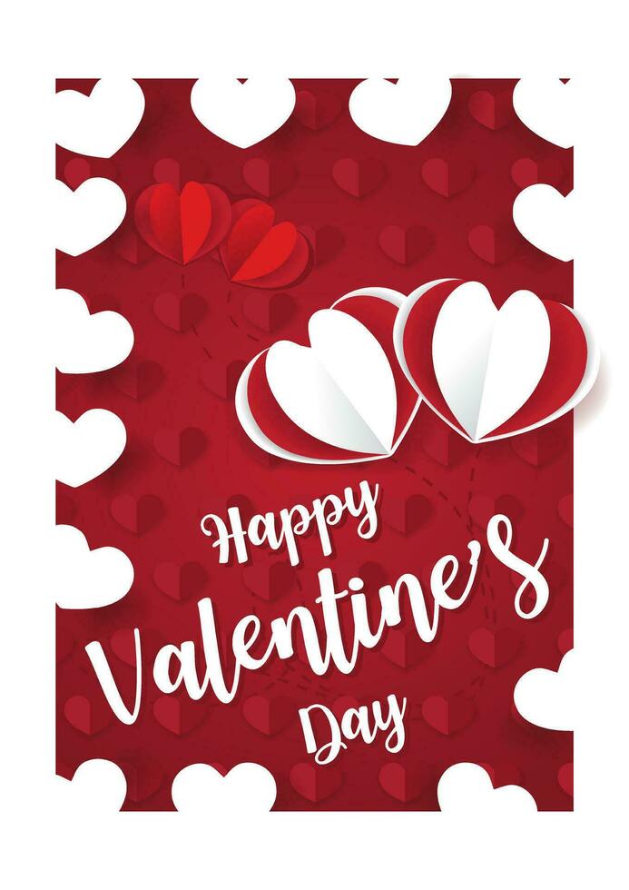 blanco y rojo corazones en papel cortar estilo con sombra y contento San Valentín día blanco fraseología rojo antecedentes. San Valentín saludo ng tarjeta en vector diseño.