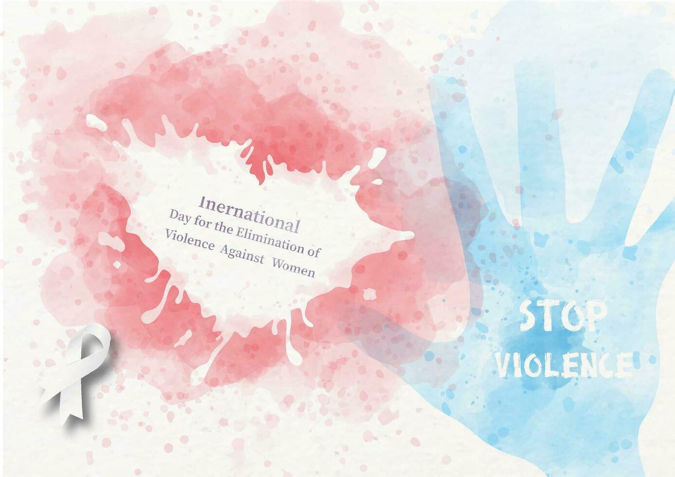 White ribbon and heart in fall apart shape with a human hand and the name, slogan of event on pink and blue watercolor style background. Stop violence against women poster campaign in vector design.