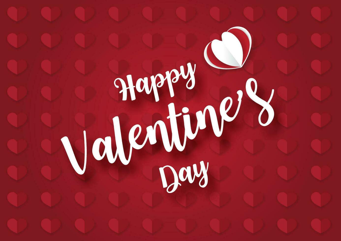 blanco y rojo corazones en papel cortar estilo con sombra y contento San Valentín día blanco fraseología en rojo pequeño corazones modelo antecedentes. San Valentín saludo tarjeta en vector diseño.