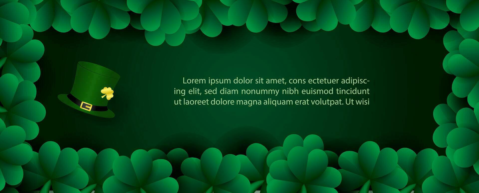 Many shamrock plants is picture with high hat of The Leprechaun and blank space for texts on green background. Saint Patrick's Day in vector and web design.