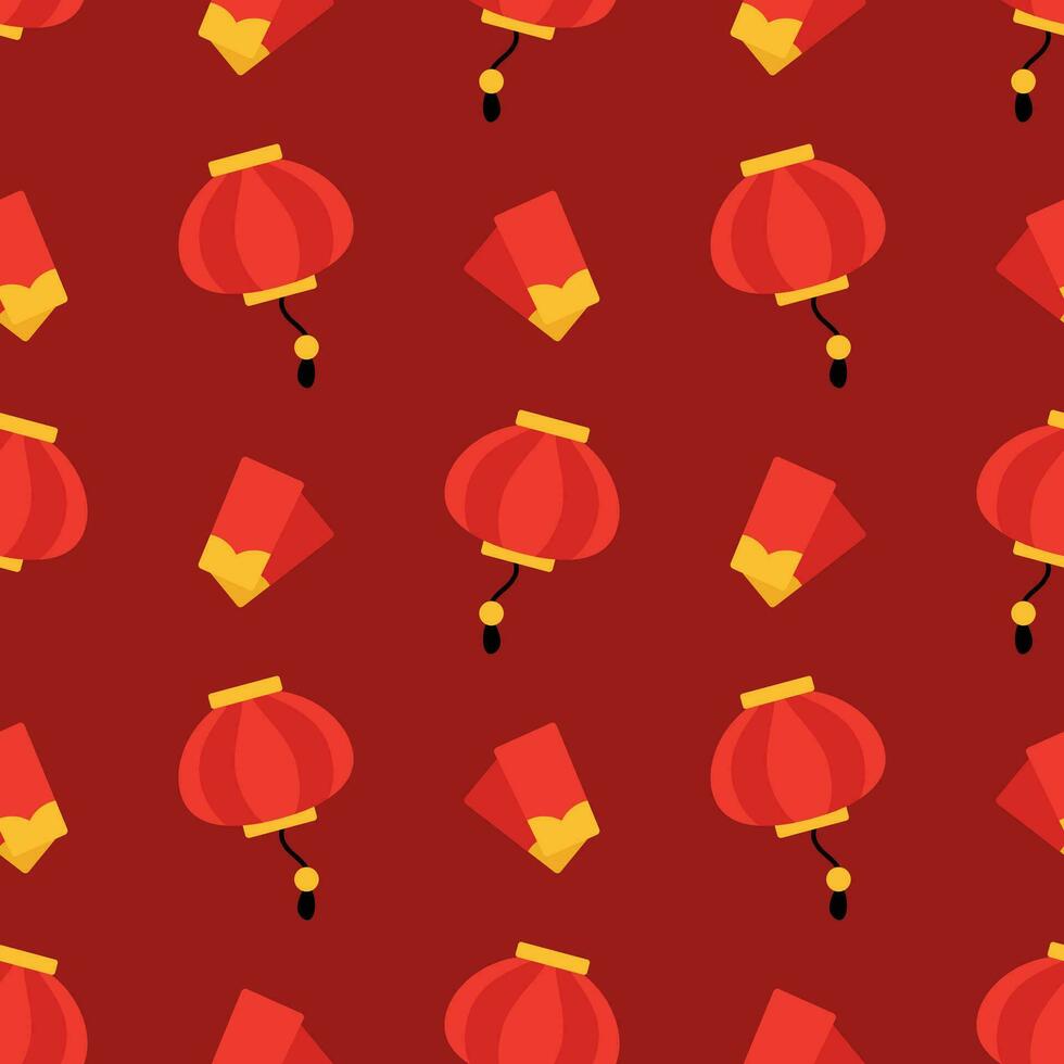 Symbols of Chinese New Year 2024. Chinese lantern and red envelopes. Seamless vector pattern background for textile, fabric, wallpaper, wrapping