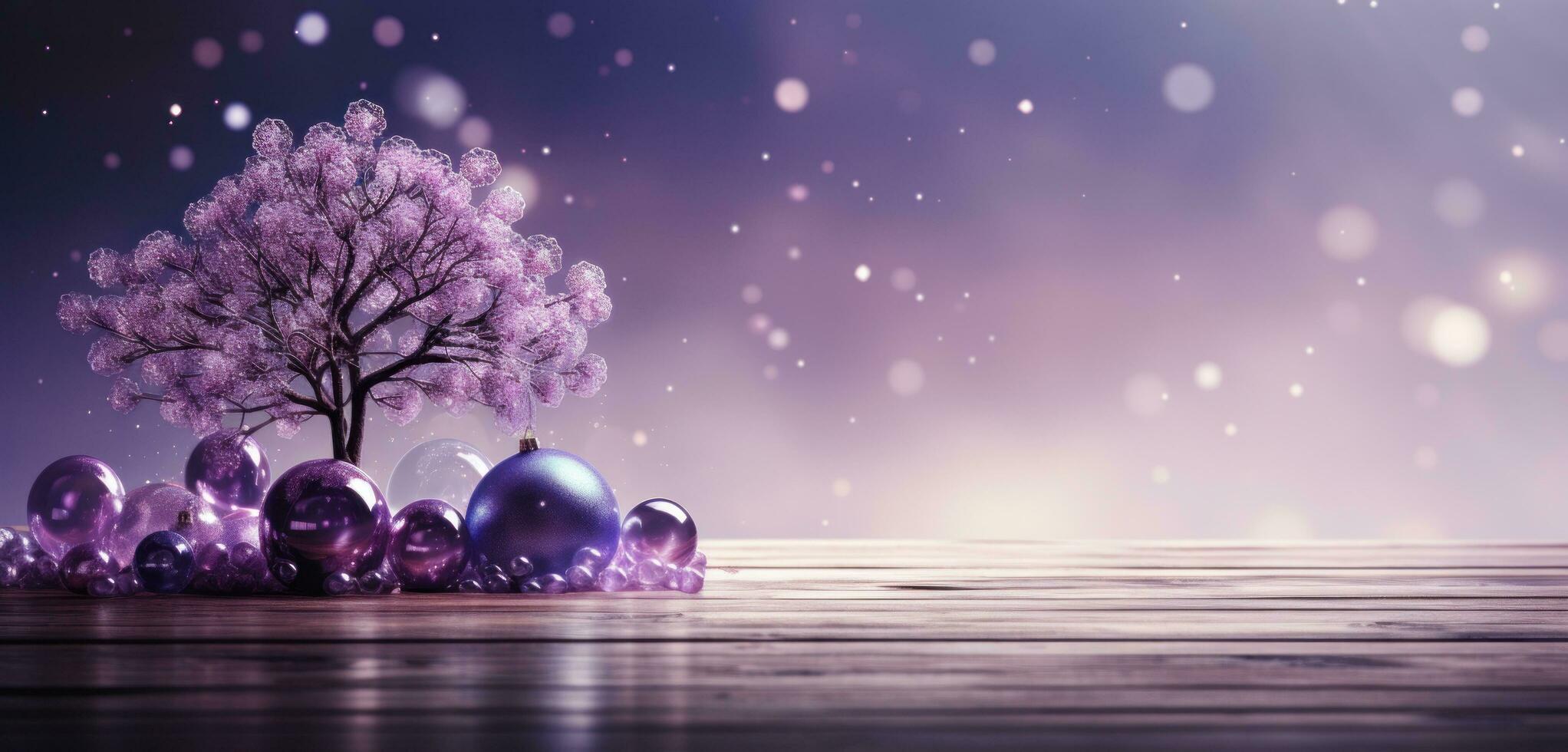 AI generated a purple tree with balls and decorations sitting on a wood floor, photo