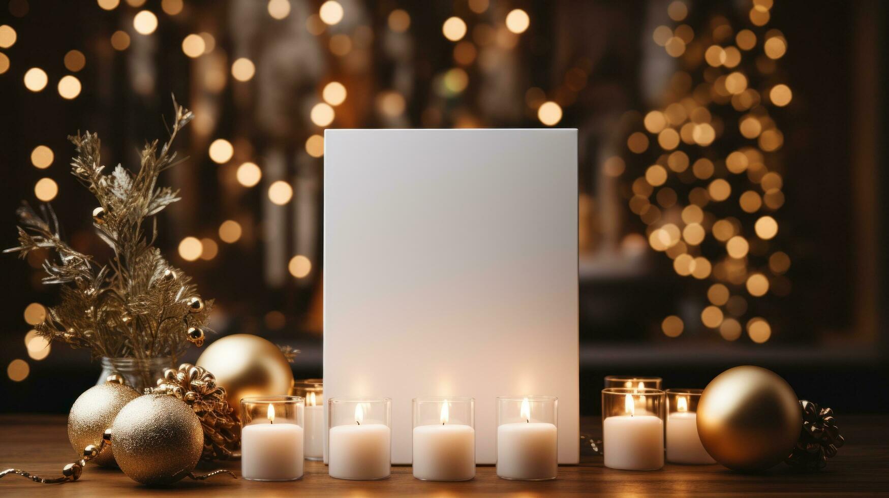 AI generated White greeting card with blank front, realistic on a mockup template in a wooden table in a christmas luxuty background in home inside, photo