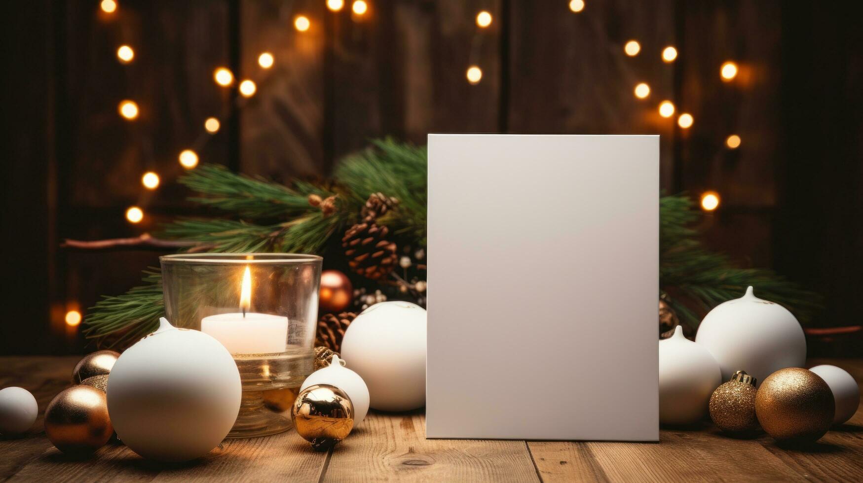 AI generated White greeting card with blank front, realistic on a mockup template in a wooden table in a christmas luxuty background in home inside, photo