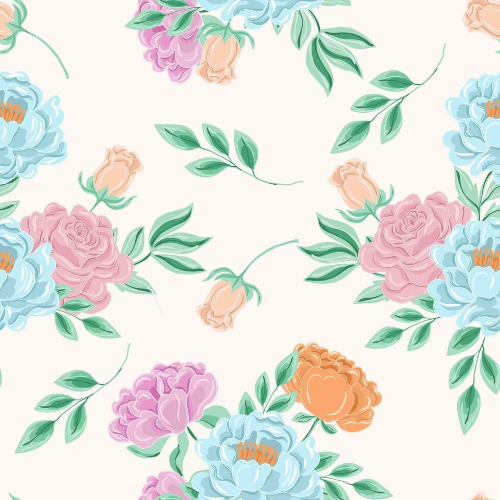 Hand Drawn Peony and Rose Flower Seamless Pattern vector