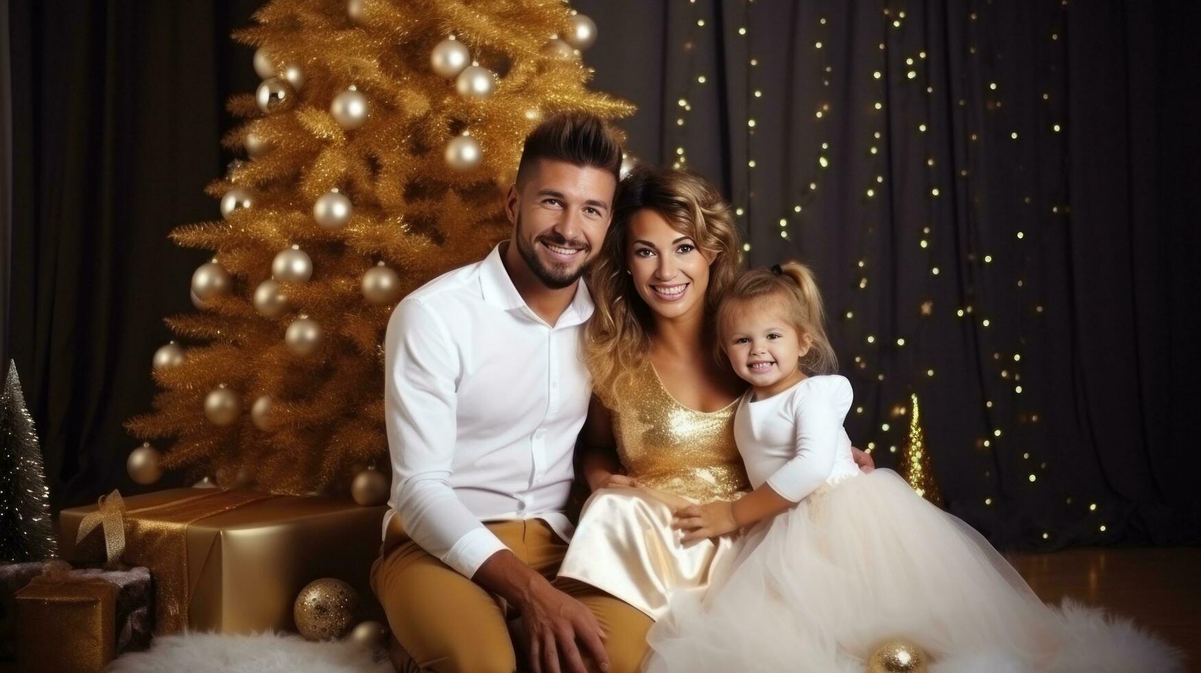 ai generado contento familia cerca Navidad árbol foto