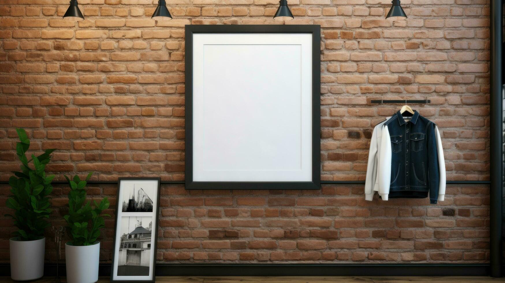 AI generated poster image with blank front ealistic on a mockup template in a brick wall in a luxury modern clothing shop, photo