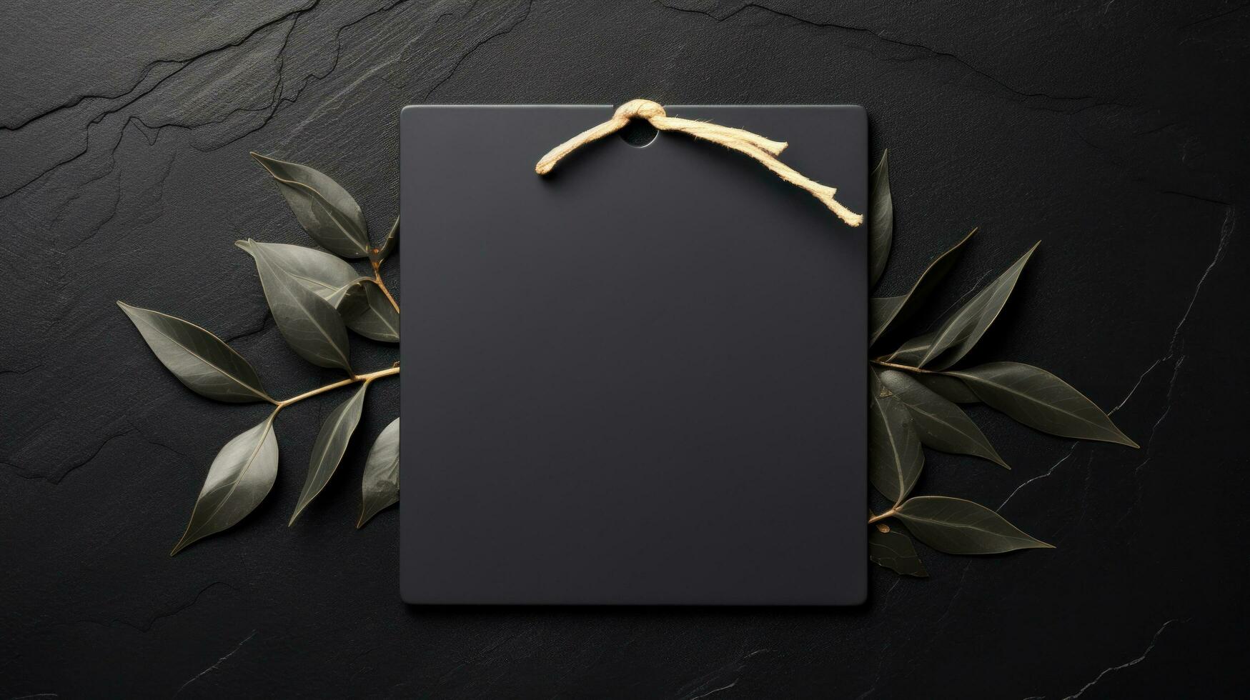 AI generated black blank tag with blank front realistic on a mockup template in a black stone table photo