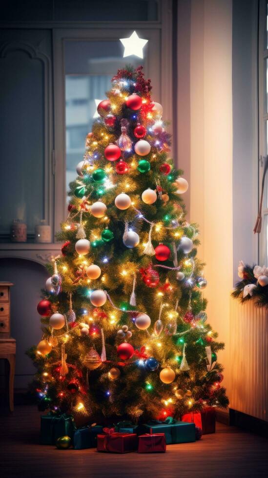 AI generated Christmas tree with colorful lights creating a cozy atmosphere photo