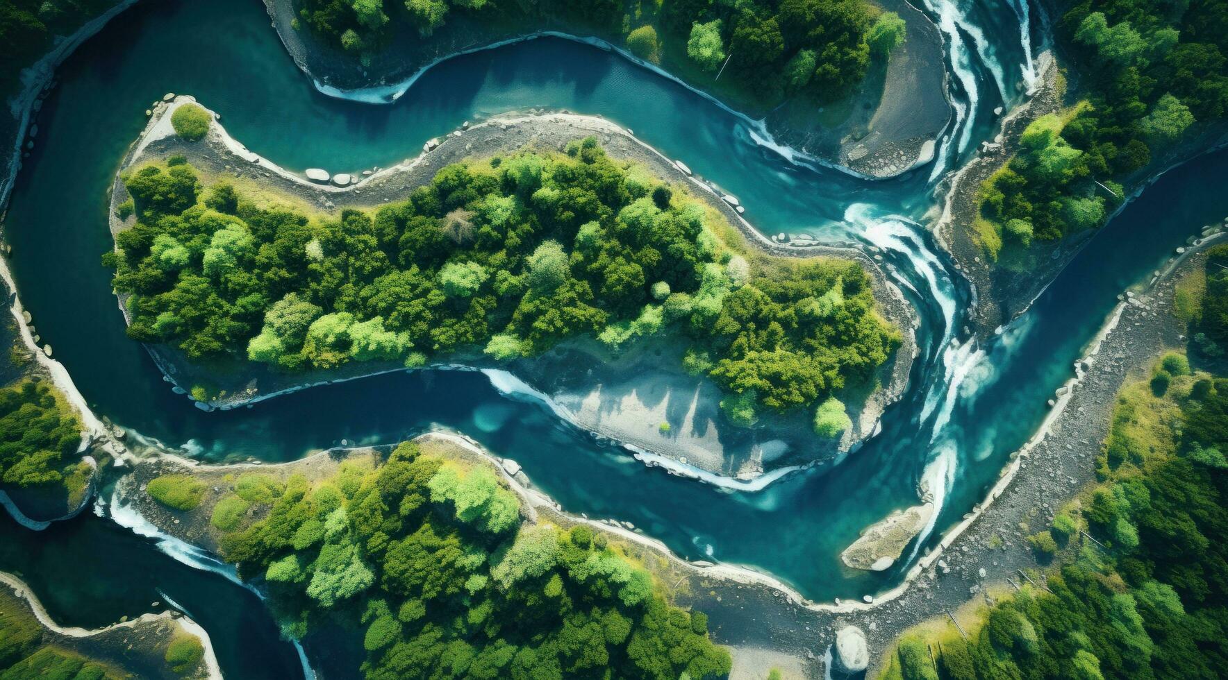 ai generado aéreo ver de un río fluido en medio de un bosque, foto