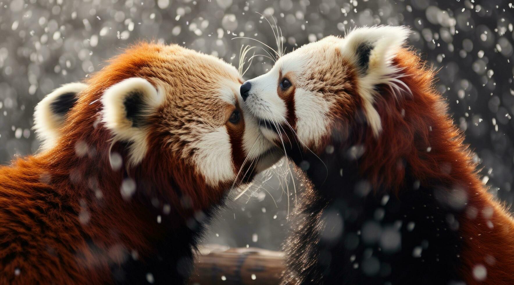 AI generated red panda couple kissing in the rain in the winter, photo