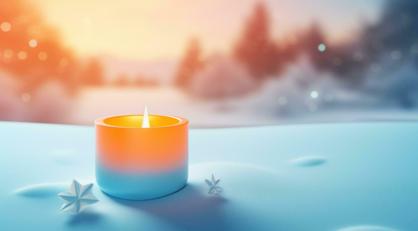 AI generated image of a candle burning in a winter scene, photo