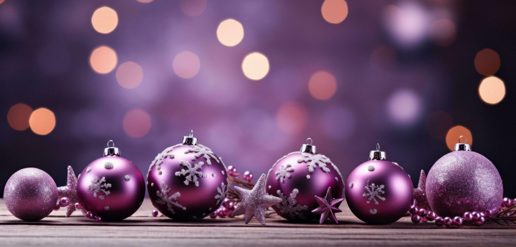 AI generated christmas baubles sitting on top of a wooden table with snowflakes, photo