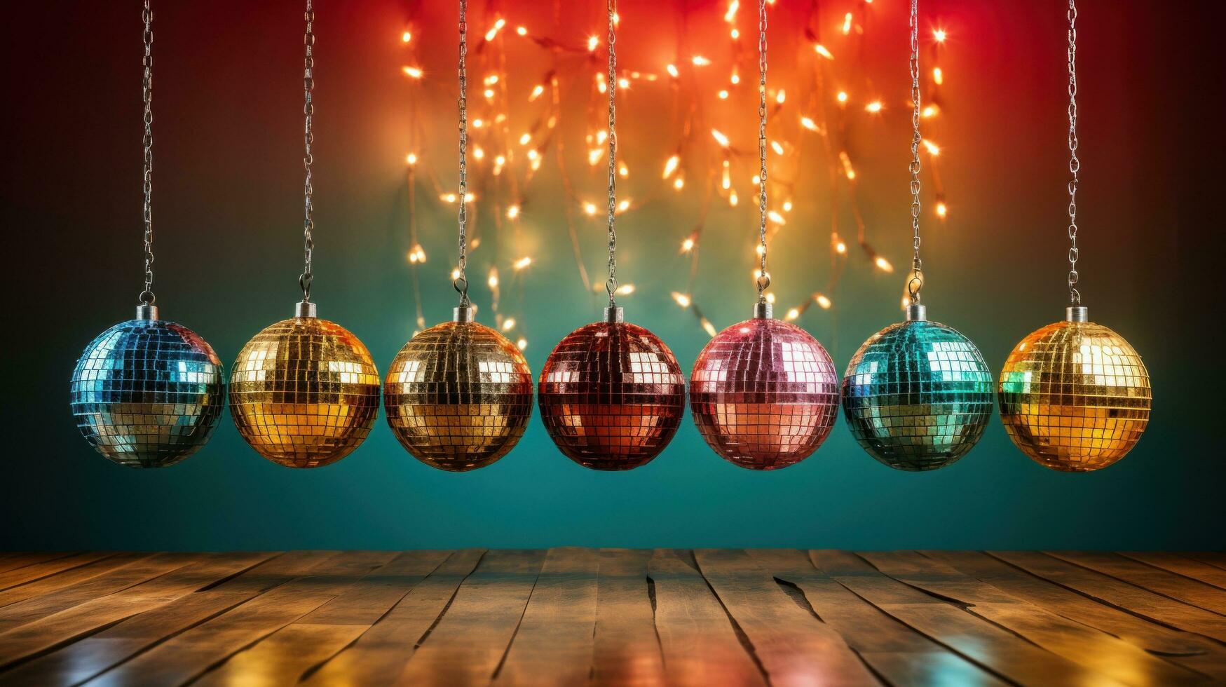 AI generated six disco balls against colorful lighting background, photo