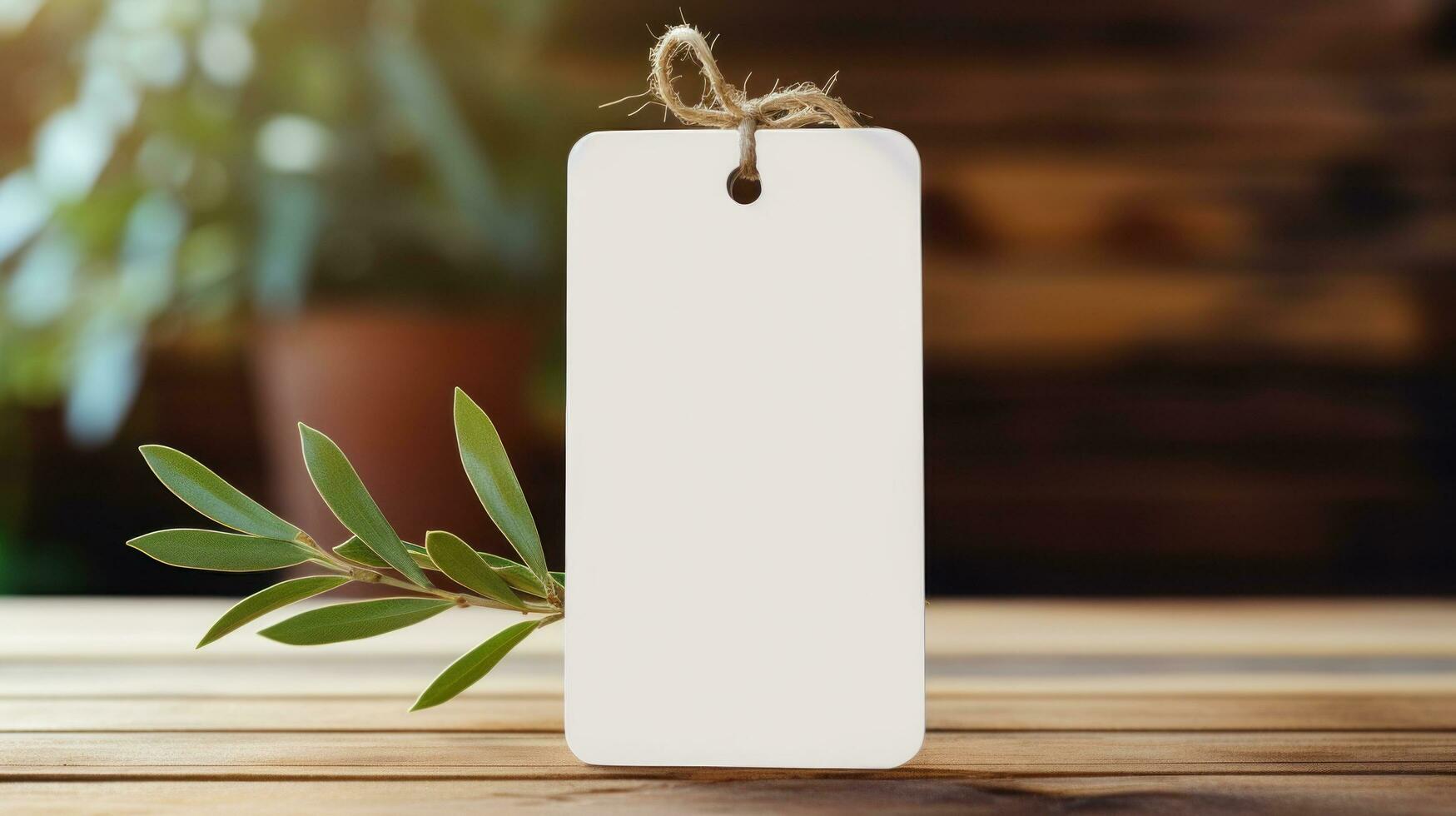 AI generated white blank tag with blank front realistic on a mockup template in a wooden table with olive leaf branch photo