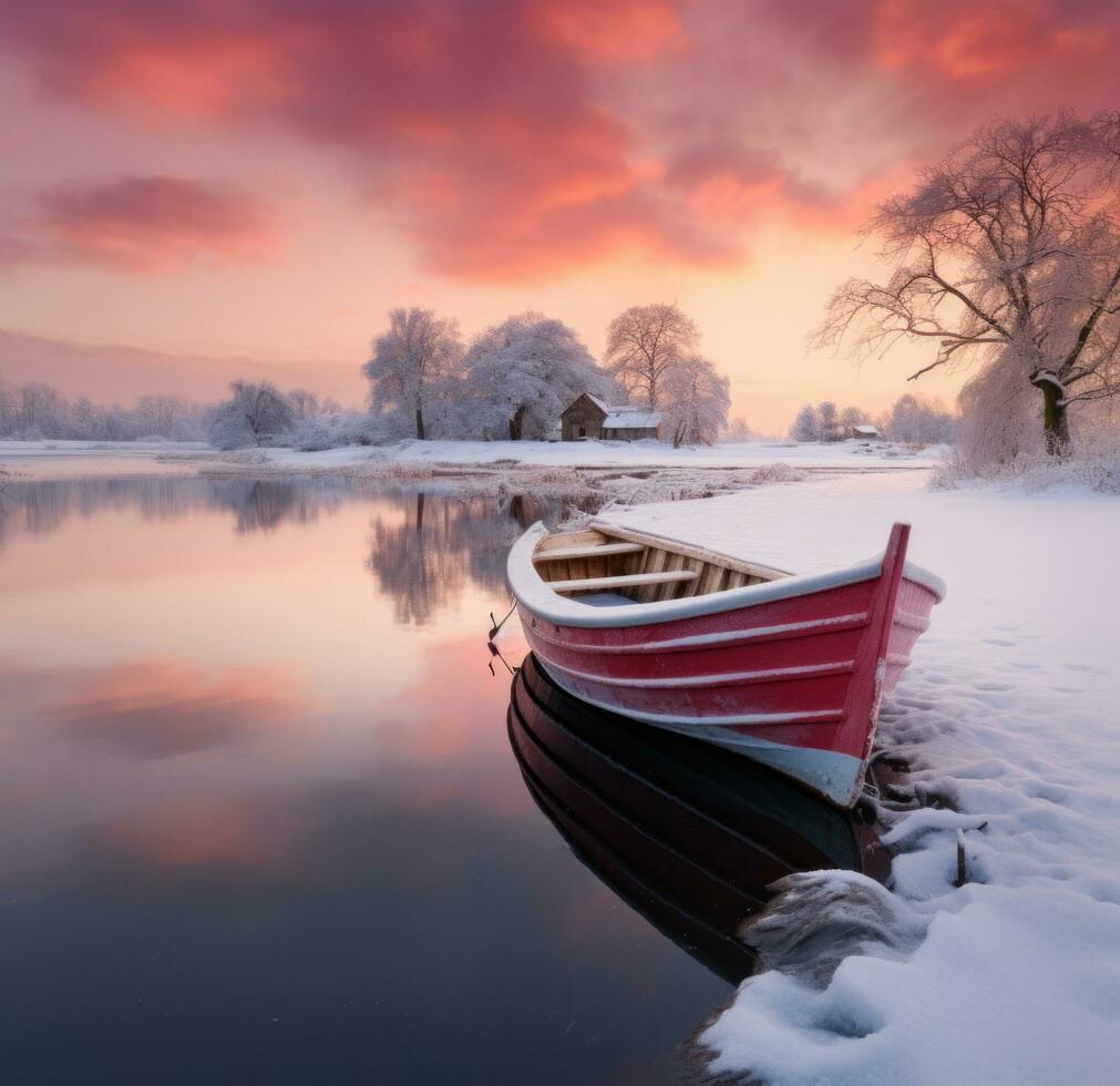 AI generated red boat on water while snow hits the shore, photo