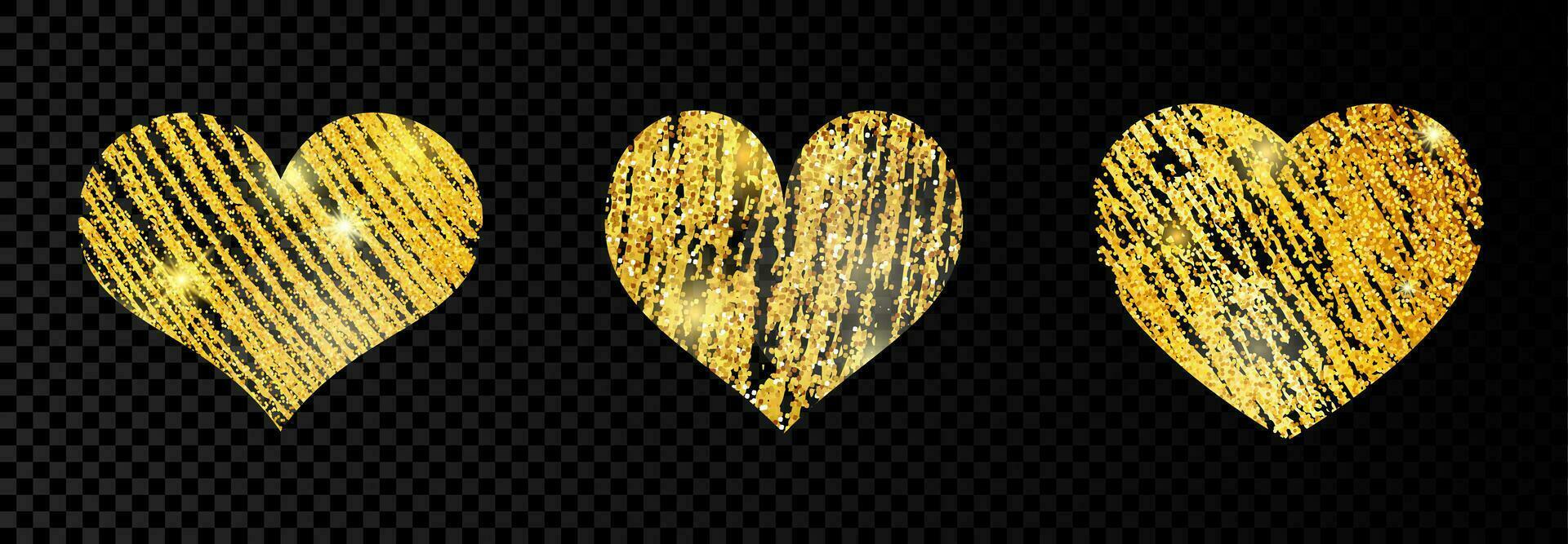 Set of three heart with goldens glittering scribble paint on dark transparent background. Background with gold sparkles and glitter effect. Empty space for your text. Vector illustration