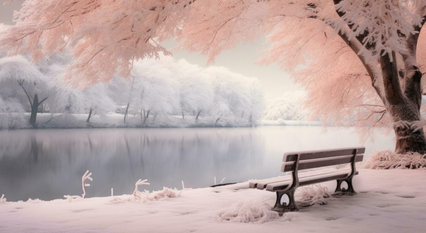 AI generated a park bench and trees on the banks of a lake with snow, photo