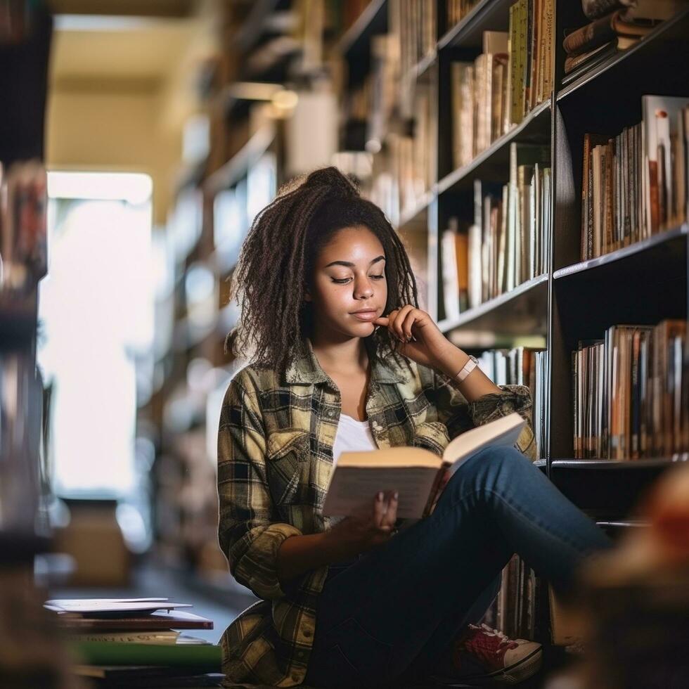 AI generated A student sitting in a library, surrounded by books and reading intently photo