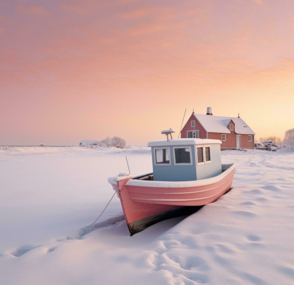 AI generated photograph of a boat near a snow covered town in the bay, photo