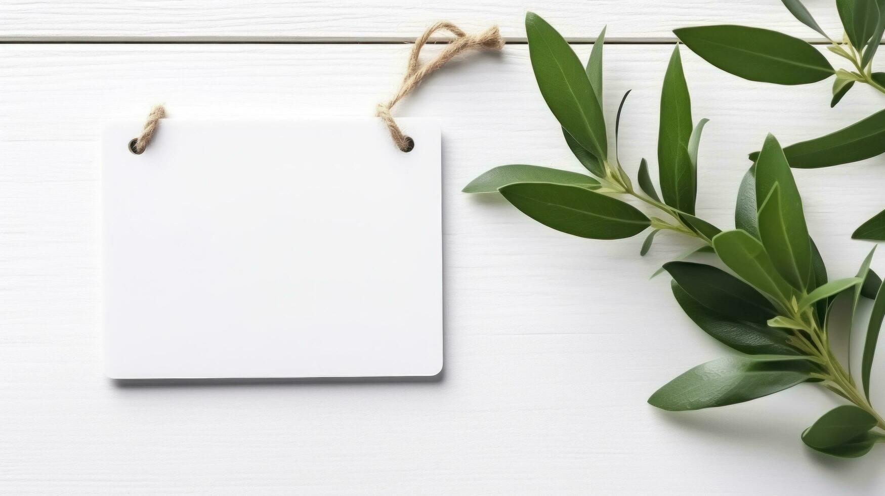 AI generated white blank tag with blank front realistic on a mockup template in a white wooden table with olive leaf branch photo