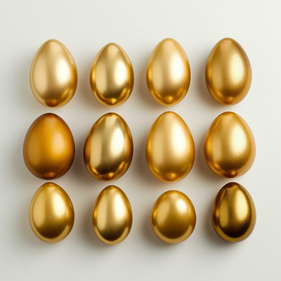 AI generated golden easter eggs on white background, photo