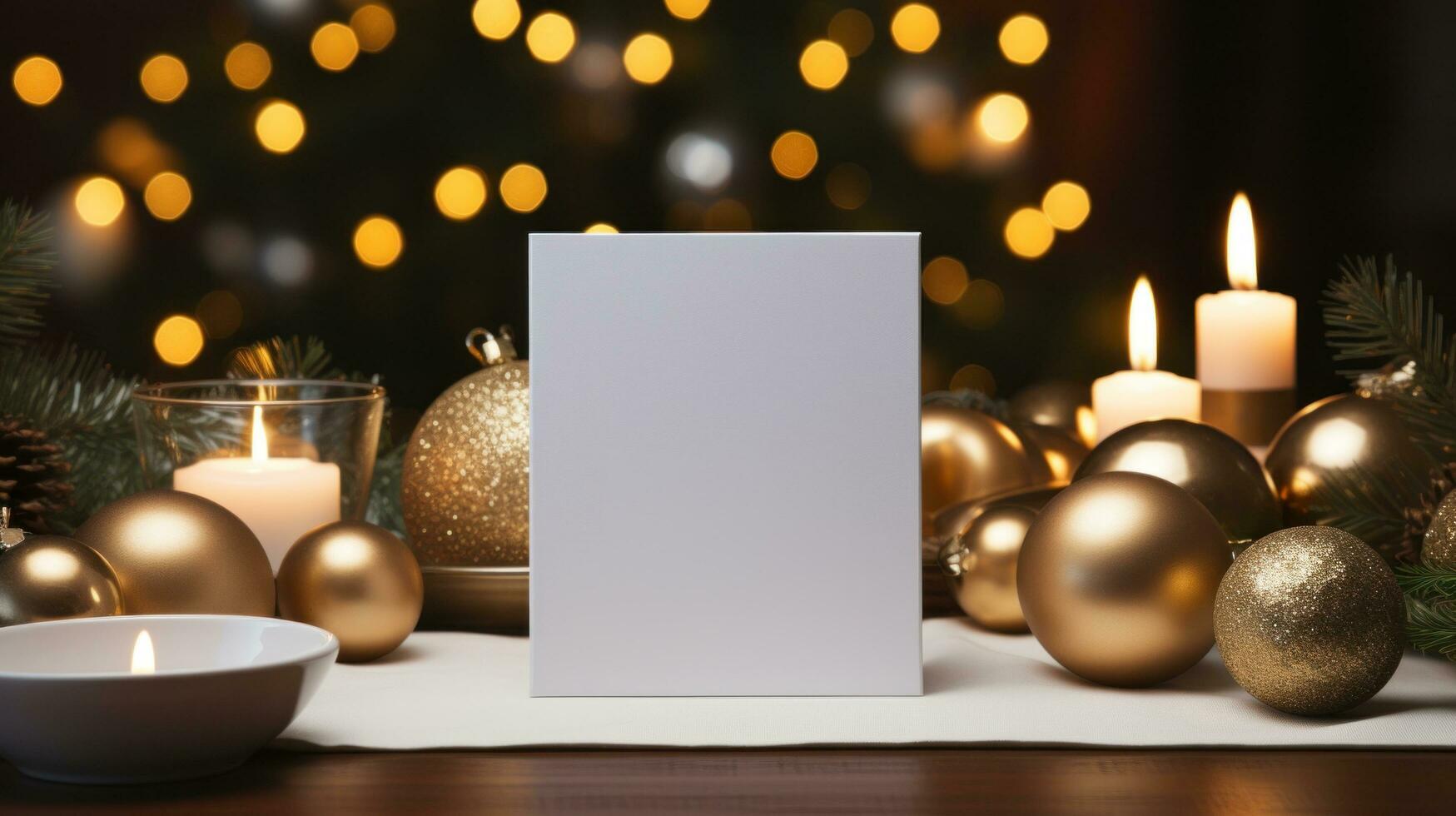 ai generado blanco saludo tarjeta con blanco frente, realista en un Bosquejo modelo en un de madera mesa en un Navidad lujo antecedentes en hogar adentro, foto