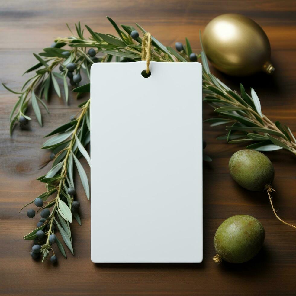 AI generated white blank tag with blank front realistic on a mockup template in a white wooden table with olive leaf branch photo