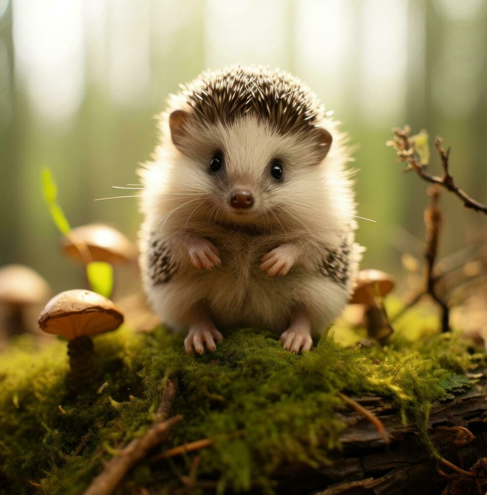 AI generated a baby hedgehog sits still and looking at the camera, photo