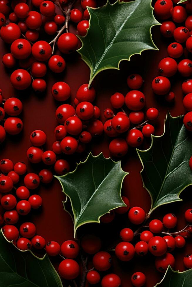 AI generated red background with holly leaves and berries photo