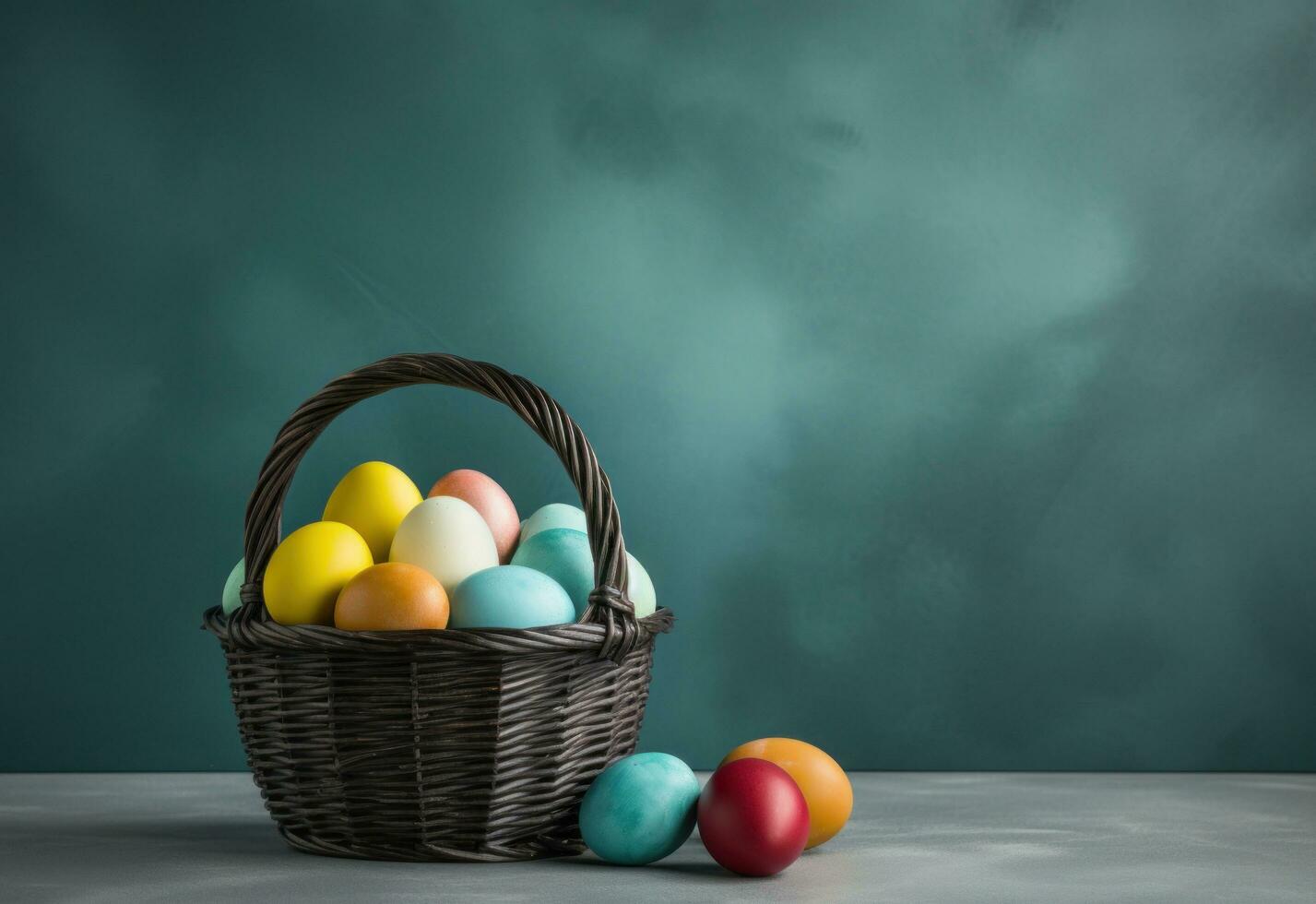 AI generated colorful wicker basket with Easter eggs inside for springEaster photo