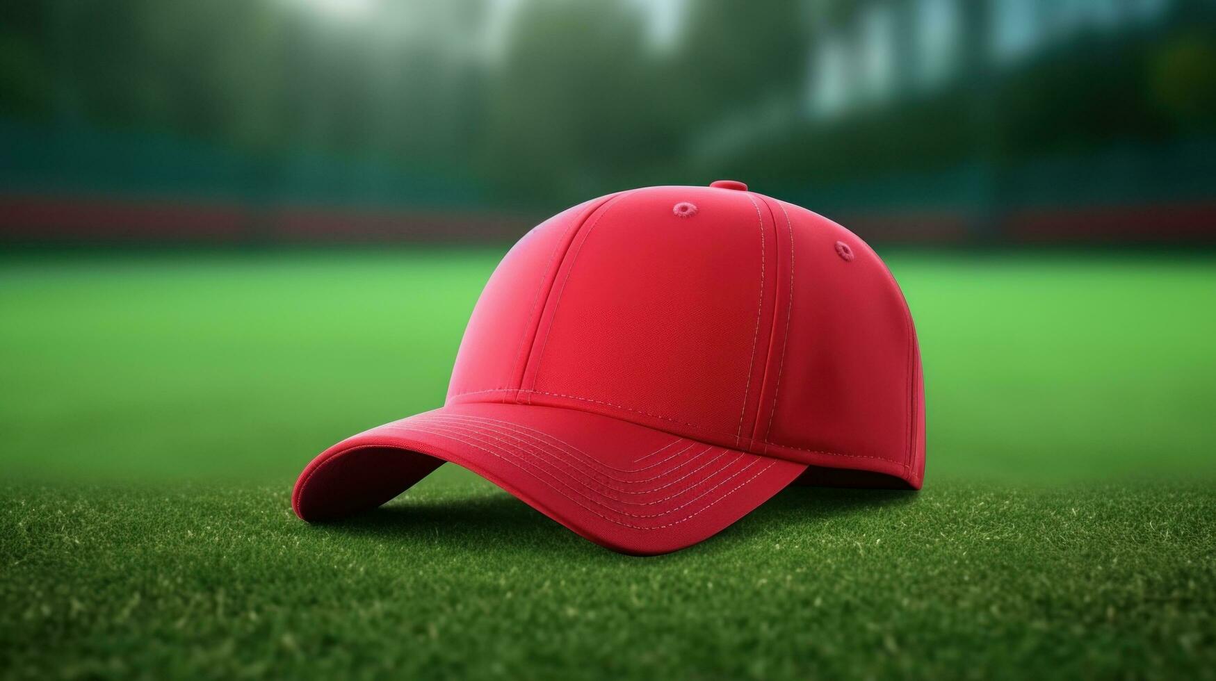 AI generated Athlete modern baseball red cap with realistic on a mockup template in a grass in a stadium photo