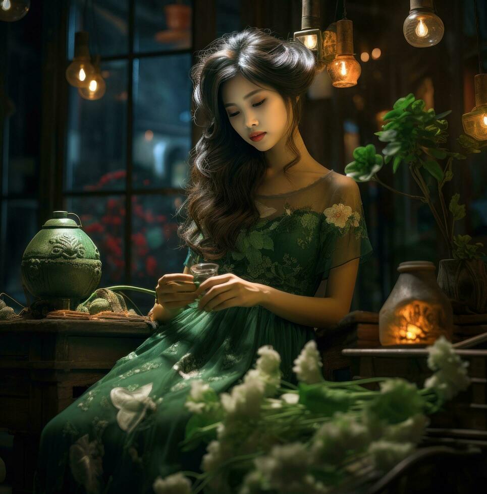 AI generated girl in a green dress or outfit, nostalgic atmosphere photo