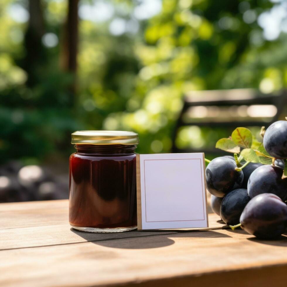 AI generated jar of plum jam with blank front realistic on a mockup template in a wooden table in a summer garden with plum trees, photo