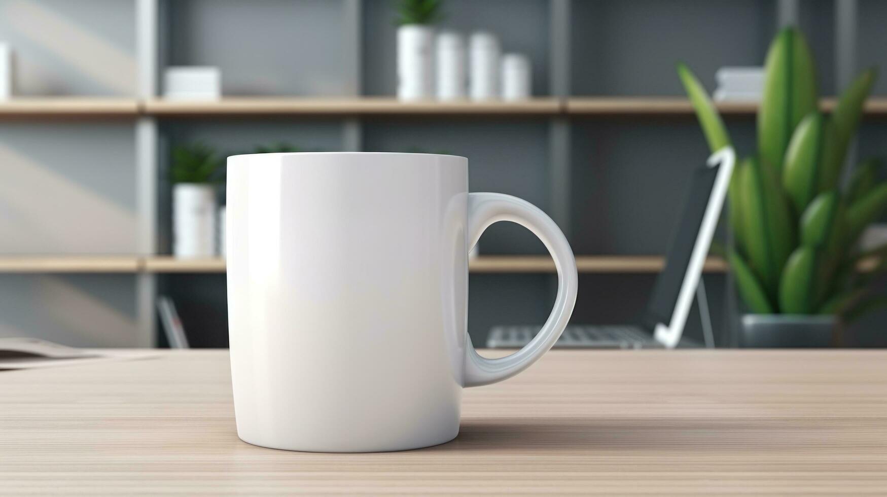 AI generated Cup with blank front, realistic on a mockup template in a desk in a modern office, photo