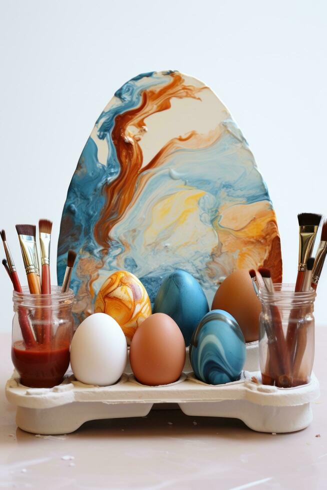 AI generated easter kit of eggs with colors and stickers on table, photo