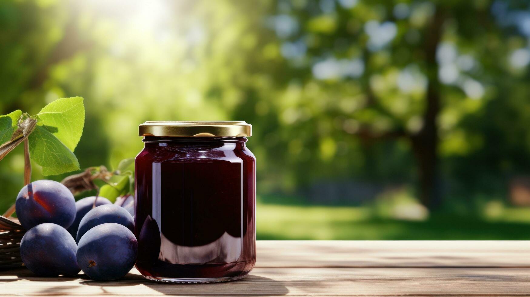 AI generated jar of plum jam with blank front realistic on a mockup template in a wooden table in a summer garden with plum trees, photo