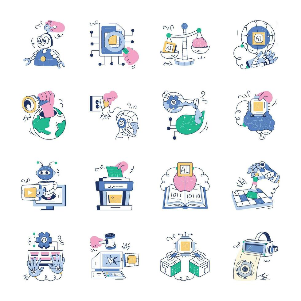 Handy Bundle of AI Innovations Hand Drawn Illustrations vector