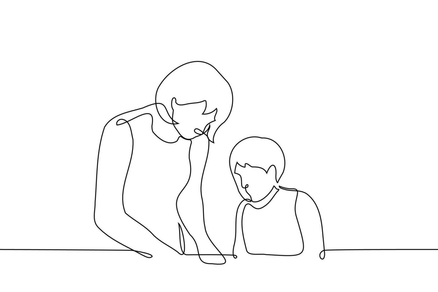 adult woman does something with her hands and the child watches - one line drawing of a mother or teacher teaches a child to needlework or something else vector