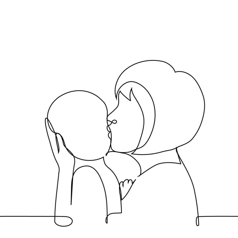 adulto mujer besos un bebé chico en el mejilla - uno línea Arte vector. concepto amor y cuidado para niños, materno amar, soltero madre vector