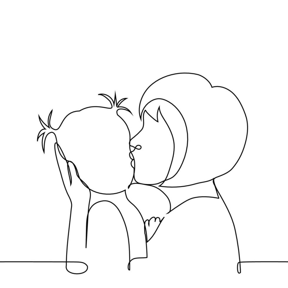 adult woman kissing a baby girl on the cheek - one line art vector. concept love and care for children, maternal love, single mother vector