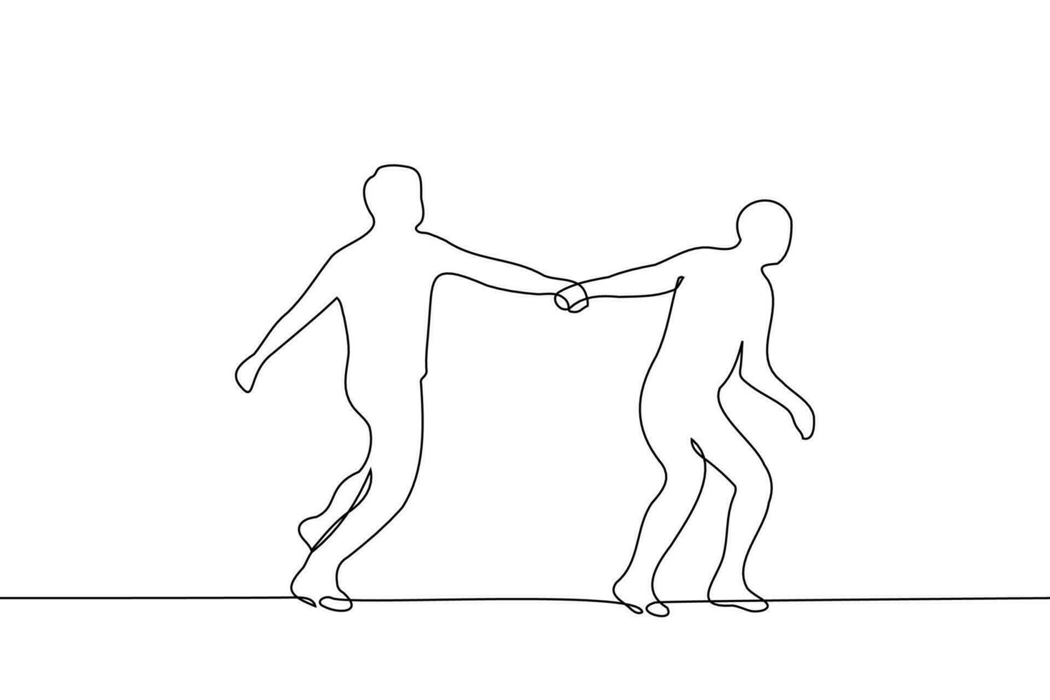 man runs grabbing the hand of another - one line drawing vector. concept silhouette of running people one of which leads vector