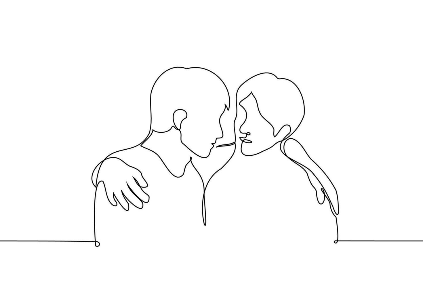 men hugging shoulders - one line drawing vector. concept friend support, help, care vector