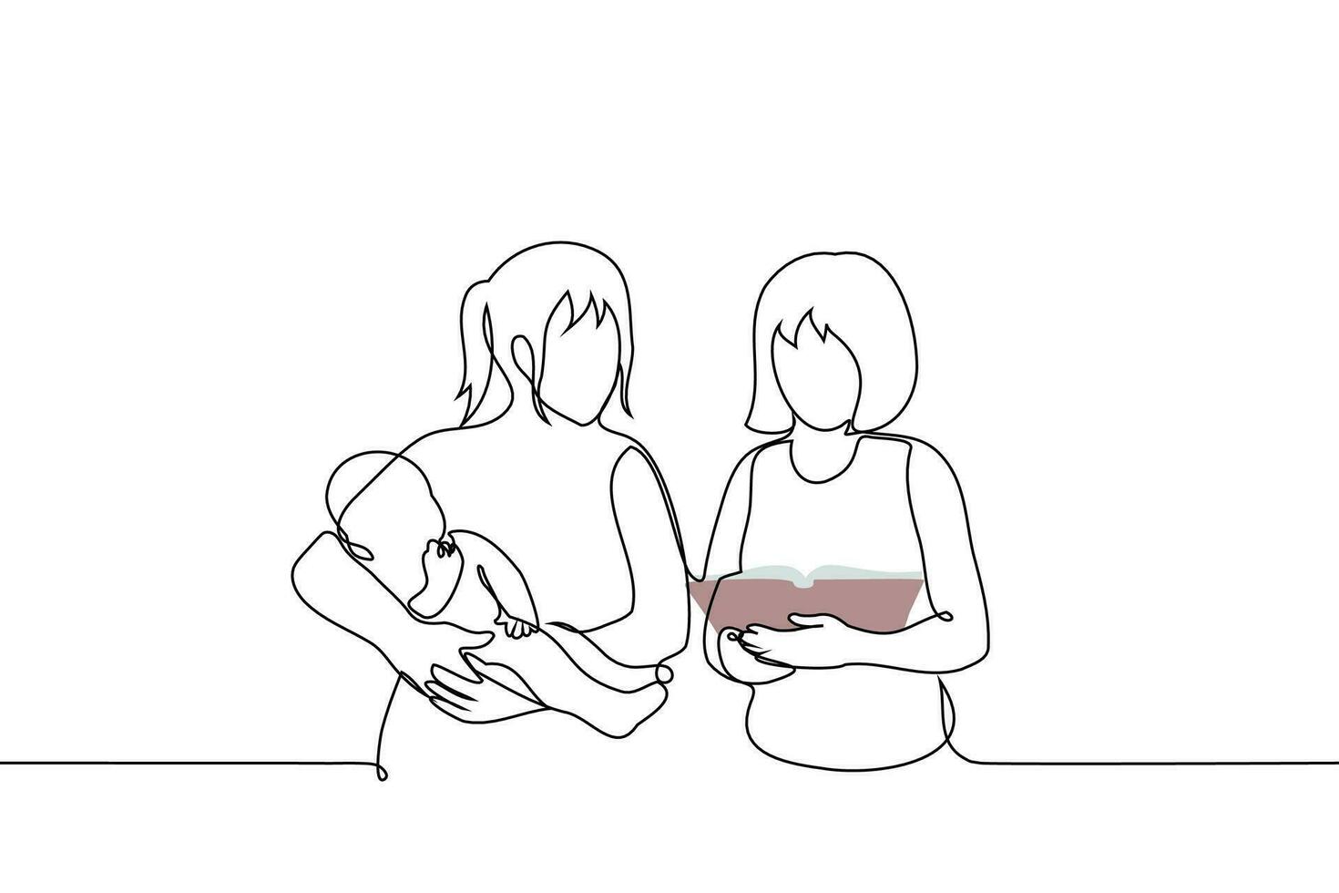 women are standing nearby, one is holding a child and both are looking at a book - one line art vector. concept women are trained to take care of children, lesbian family with baby vector