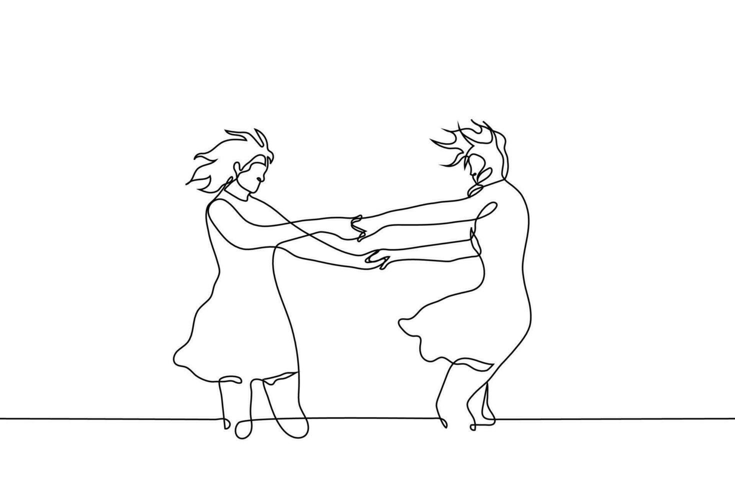 dos adulto muchachas en vestidos participación manos bailando en el viento - uno línea dibujo vector. concepto dos novias tener divertido en naturaleza, danza en el Ventoso al aire libre vector