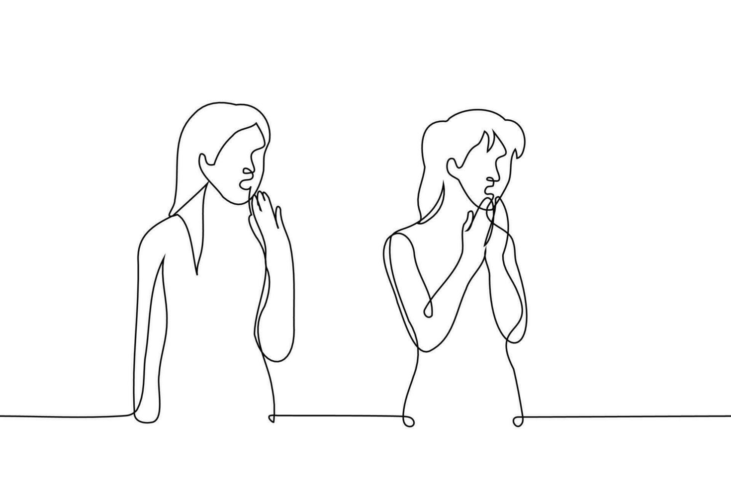 women stand in shock with open mouths - one line art vector. concept innocent, prude, listening to insults, seeing something outrageous vector